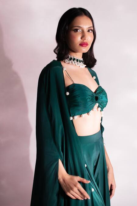 Buy_Anshika Tak Label_Green Crepe Pearls Sweetheart Neck Frilled Hem Cape Palazzo Set 