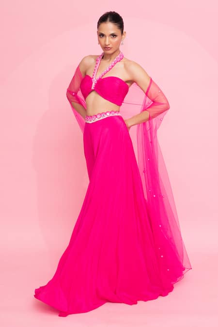Buy_Anshika Tak Label_Fuchsia Crepe Pearls, Beads Halter Neck Embellished Cape Palazzo Set_Online_at_Aza_Fashions