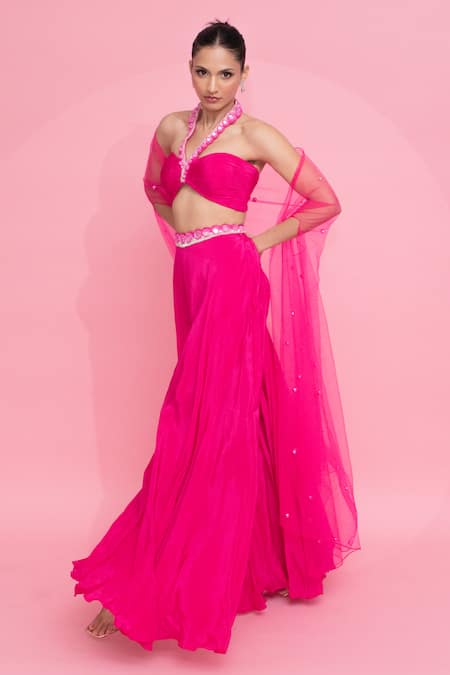 Shop_Anshika Tak Label_Fuchsia Crepe Pearls, Beads Halter Neck Embellished Cape Palazzo Set_Online_at_Aza_Fashions