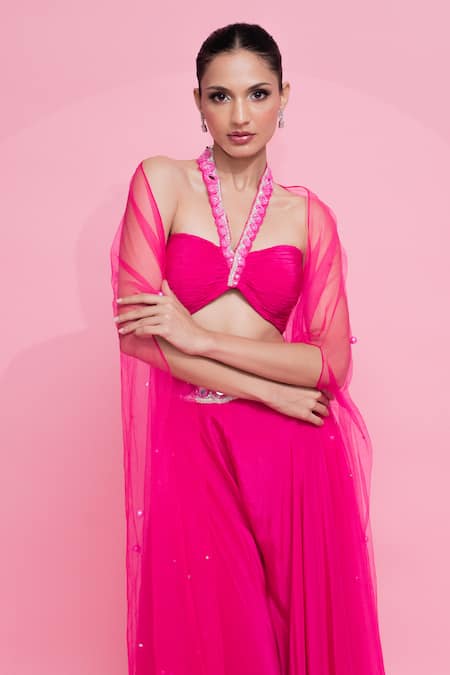 Anshika Tak Label_Fuchsia Crepe Pearls, Beads Halter Neck Embellished Cape Palazzo Set_at_Aza_Fashions