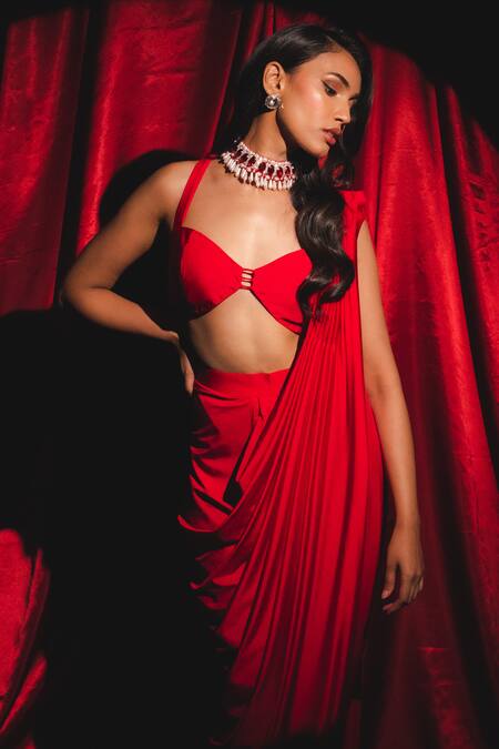 Anshika Tak Label Red Lycra Sequins, Beads Sweetheart Neck Solid Pre Draped Saree With Blouse Online at Aza Fashions Anshika Tak Label_Red Lycra Sequins, Beads Sweetheart Neck Solid Pre Draped Saree With Blouse_Online_at_Aza_Fashions