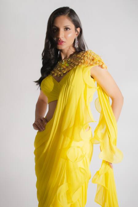 Anshika Tak Label Yellow Georgette Sequins, Beads Embellished Cape Ruffle Pre Draped Saree Set Online at Aza Fashions Anshika Tak Label_Yellow Georgette Sequins, Beads Embellished Cape Ruffle Pre Draped Saree Set _Online_at_Aza_Fashions