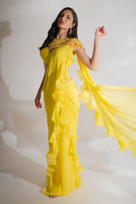 Buy Anshika Tak Label Yellow Georgette Sequins, Beads Embellished Cape Ruffle Pre Draped Saree Set Online at Aza Fashions Buy_Anshika Tak Label_Yellow Georgette Sequins, Beads Embellished Cape Ruffle Pre Draped Saree Set _Online_at_Aza_Fashions
