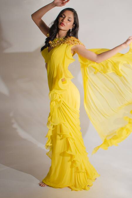 Anshika Tak Label Yellow Georgette Sequins, Beads Embellished Cape Ruffle Pre Draped Saree Set at Aza Fashions Anshika Tak Label_Yellow Georgette Sequins, Beads Embellished Cape Ruffle Pre Draped Saree Set _at_Aza_Fashions