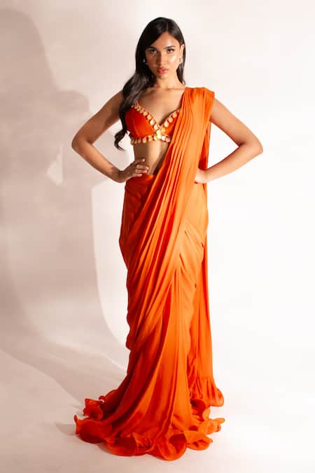 Anshika Tak Label Orange Tussar, Crepe Sequins, Embellished Blouse With Ruffle Pre Draped Saree Online at Aza Fashions Anshika Tak Label_Orange Tussar, Crepe Sequins, Embellished Blouse With Ruffle Pre Draped Saree _Online_at_Aza_Fashions