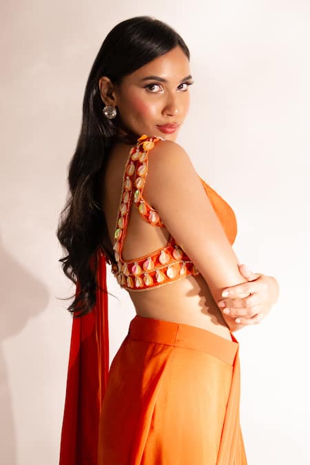 Shop Anshika Tak Label Orange Tussar, Crepe Sequins, Embellished Blouse With Ruffle Pre Draped Saree Online at Aza Fashions Shop_Anshika Tak Label_Orange Tussar, Crepe Sequins, Embellished Blouse With Ruffle Pre Draped Saree _Online_at_Aza_Fashions