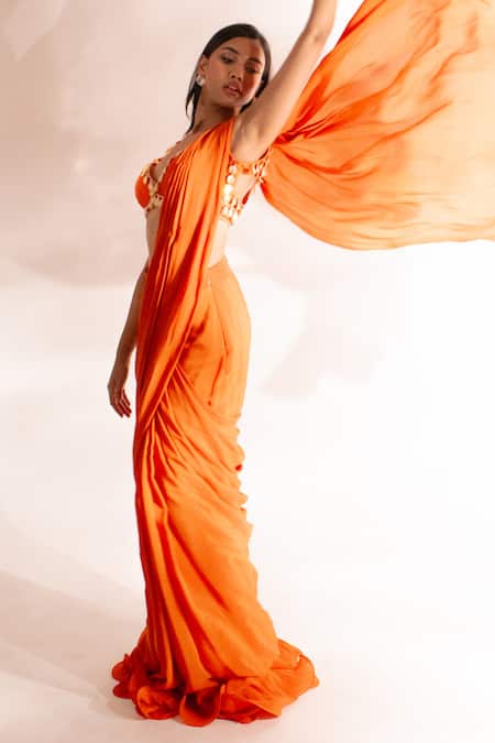 Anshika Tak Label Orange Tussar, Crepe Sequins, Embellished Blouse With Ruffle Pre Draped Saree at Aza Fashions Anshika Tak Label_Orange Tussar, Crepe Sequins, Embellished Blouse With Ruffle Pre Draped Saree _at_Aza_Fashions