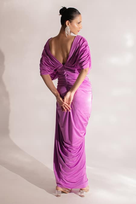 Shop Anshika Tak Label Purple Lycra V-neck Draped Solid Gown at Aza Fashions Shop_Anshika Tak Label_Purple Lycra V-neck Draped Solid Gown _at_Aza_Fashions