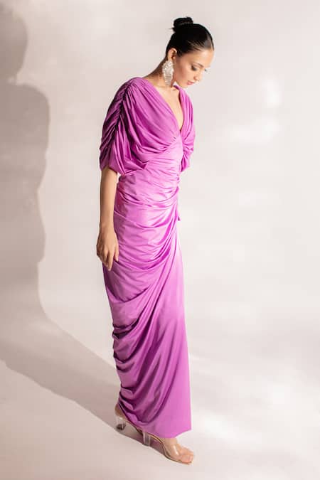 Anshika Tak Label Purple Lycra V-neck Draped Solid Gown at Aza Fashions Anshika Tak Label_Purple Lycra V-neck Draped Solid Gown _at_Aza_Fashions