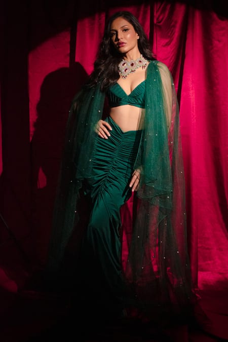 Shop_Anshika Tak Label_Green Lycra Pearls, Sequins, Beads Sweetheart Embellished Cape Ruched Skirt Set _Online_at_Aza_Fashions