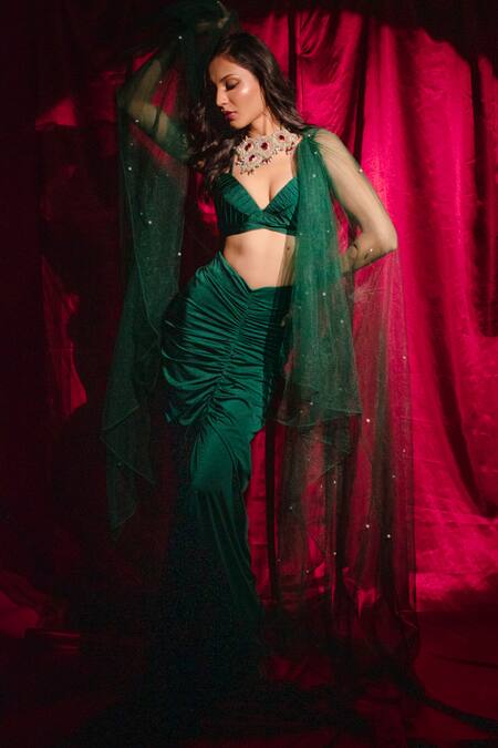 Anshika Tak Label_Green Lycra Pearls, Sequins, Beads Sweetheart Embellished Cape Ruched Skirt Set _at_Aza_Fashions