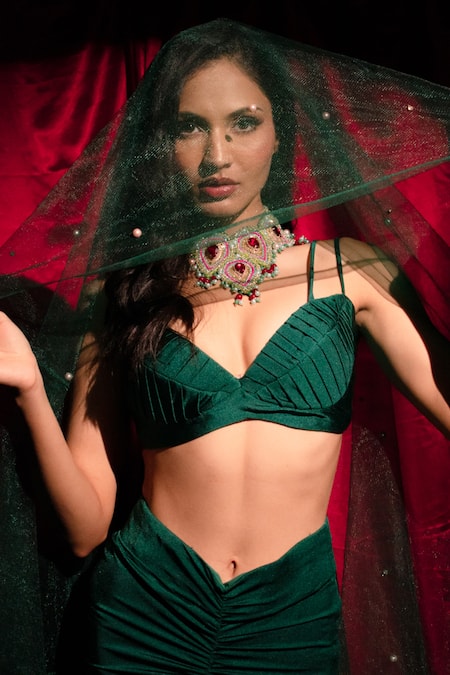 Buy_Anshika Tak Label_Green Lycra Pearls, Sequins, Beads Sweetheart Embellished Cape Ruched Skirt Set 