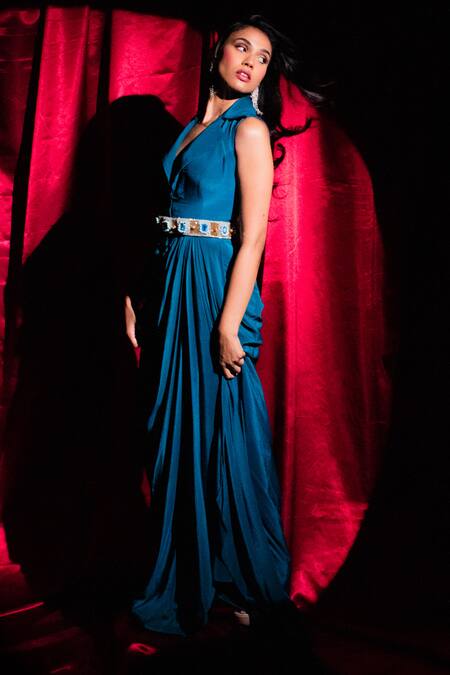 Shop_Anshika Tak Label_Blue Crepe Embroidery Collared, V-neck Flared Solid Gown _Online_at_Aza_Fashions