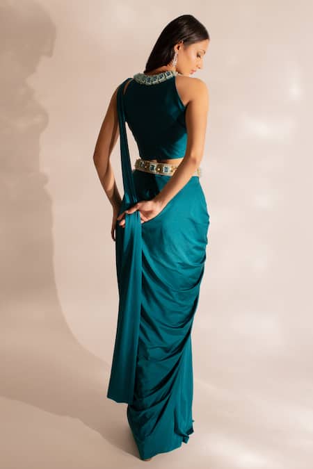 Anshika Tak Label Plain Pre Draped Saree With Blouse 