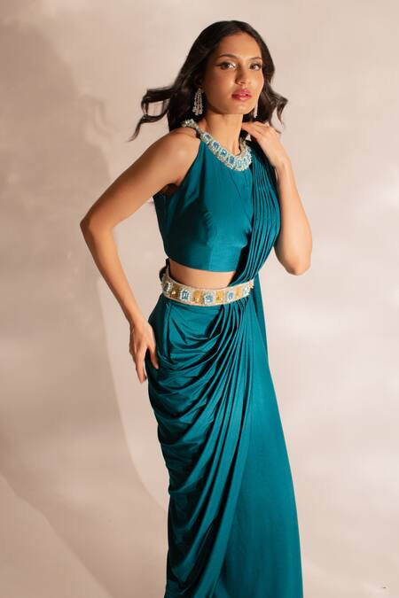 Buy_Anshika Tak Label_Blue Lycra, Tussar, Silk Crystals Round Neck Plain Pre Draped Saree With Blouse _Online_at_Aza_Fashions