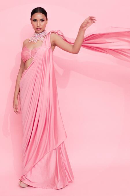 Anshika Tak Label_Peach Lycra Sweetheart Neck Pre-draped Saree With Ruched Tube Blouse_Online_at_Aza_Fashions