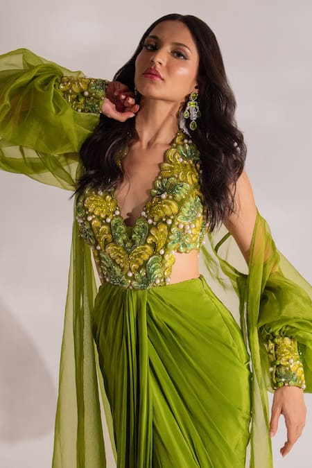 Anshika Tak Label_Green Silk, Crepe, Organza Pearls, Cut Work V-neck, Draped Tunic With Jacket _Online_at_Aza_Fashions