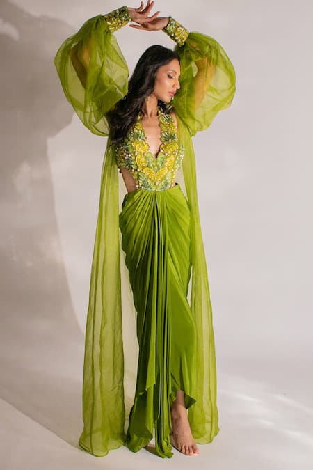 Buy_Anshika Tak Label_Green Silk, Crepe, Organza Pearls, Cut Work V-neck, Draped Tunic With Jacket _Online_at_Aza_Fashions