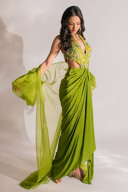 Shop_Anshika Tak Label_Green Silk, Crepe, Organza Pearls, Cut Work V-neck, Draped Tunic With Jacket _Online_at_Aza_Fashions