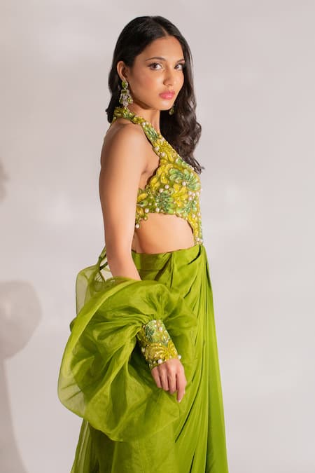 Anshika Tak Label_Green Silk, Crepe, Organza Pearls, Cut Work V-neck, Draped Tunic With Jacket _at_Aza_Fashions