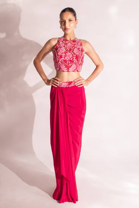 Anshika Tak Label_Red Silk, Crepe Pearls, Cut Work, Embroidery And Cutdana Top & Draped Skirt Set _Online_at_Aza_Fashions