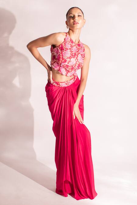 Buy_Anshika Tak Label_Red Silk, Crepe Pearls, Cut Work, Embroidery And Cutdana Top & Draped Skirt Set _Online_at_Aza_Fashions