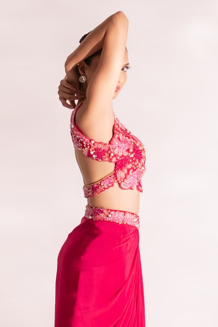 Shop_Anshika Tak Label_Red Silk, Crepe Pearls, Cut Work, Embroidery And Cutdana Top & Draped Skirt Set _Online_at_Aza_Fashions