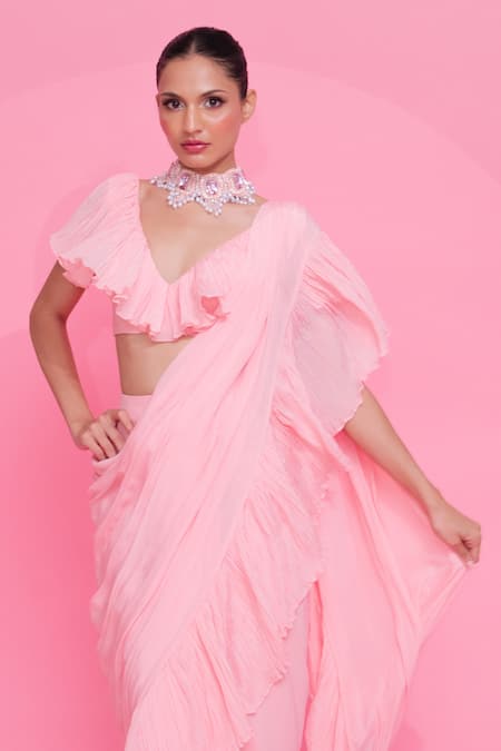Anshika Tak Label_Peach Crepe V-neck Pre-draped Ruffled Saree With Blouse _Online_at_Aza_Fashions