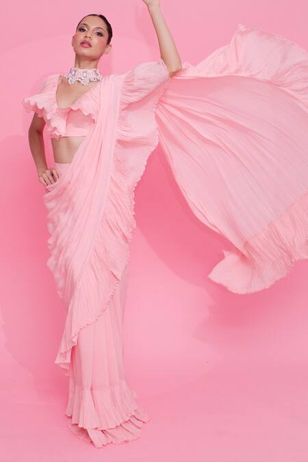 Buy_Anshika Tak Label_Peach Crepe V-neck Pre-draped Ruffled Saree With Blouse _Online_at_Aza_Fashions