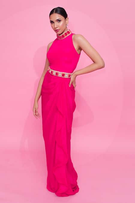 Shop_Anshika Tak Label_Pink Crepe Beads Halter Neck Draped Gown With Embellished Belt _Online_at_Aza_Fashions