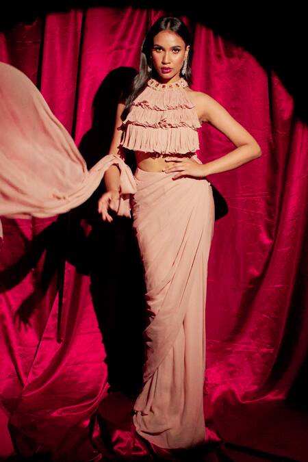 Anshika Tak Label_Beige Georgette Embroidery Halter Neck Pre-draped Saree With Ruffled Blouse _Online_at_Aza_Fashions