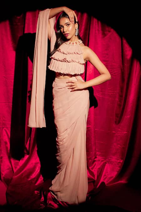 Shop_Anshika Tak Label_Beige Georgette Embroidery Halter Neck Pre-draped Saree With Ruffled Blouse _Online_at_Aza_Fashions