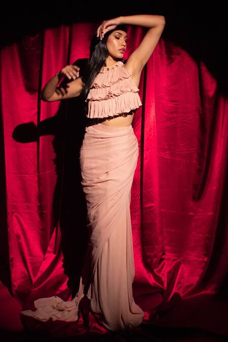 Anshika Tak Label_Beige Georgette Embroidery Halter Neck Pre-draped Saree With Ruffled Blouse _at_Aza_Fashions