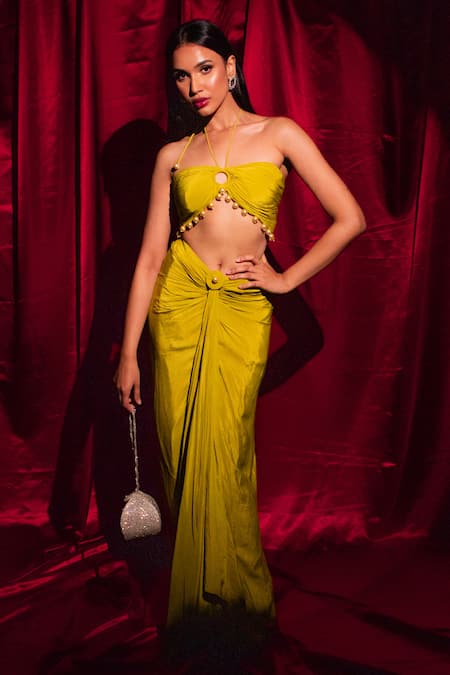 Anshika Tak Label_Yellow Crepe Pearls Off-shoulder Embellished Blouse Cape Set _Online_at_Aza_Fashions