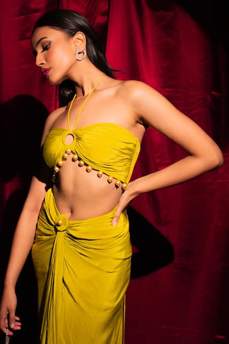 Buy_Anshika Tak Label_Yellow Crepe Pearls Off-shoulder Embellished Blouse Cape Set _Online_at_Aza_Fashions