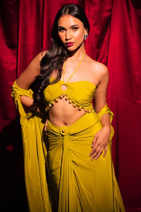 Anshika Tak Label_Yellow Crepe Pearls Off-shoulder Embellished Blouse Cape Set _at_Aza_Fashions