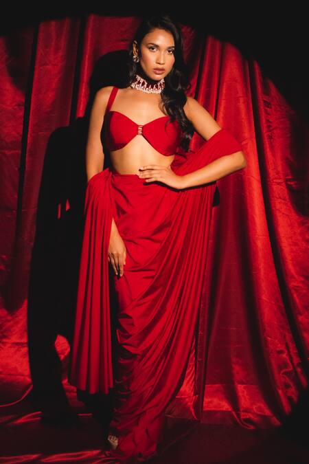 Shop Anshika Tak Label Red Lycra Sequins, Beads Sweetheart Neck Solid Pre Draped Saree With Blouse at Aza Fashions Shop_Anshika Tak Label_Red Lycra Sequins, Beads Sweetheart Neck Solid Pre Draped Saree With Blouse_at_Aza_Fashions