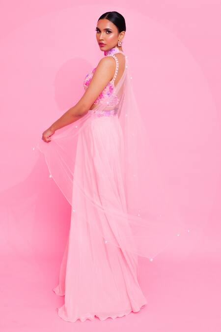 Anshika Tak Label_Pink Crepe, Net Pearls, Cut Work Sweetheart Neck Embroidered Blouse Palazzo Set _Online_at_Aza_Fashions