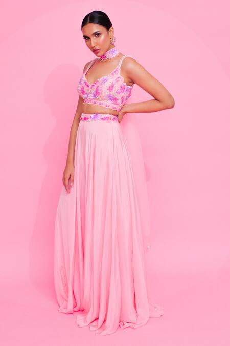 Anshika Tak Label_Pink Crepe, Net Pearls, Cut Work Sweetheart Neck Embroidered Blouse Palazzo Set _at_Aza_Fashions