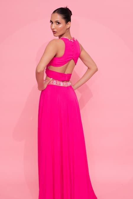 Shop Anshika Tak Label Fuchsia Crepe Pearls, Cut Work V-neck Embroidered Tie-up Top And Palazzo Set at Aza Fashions Shop_Anshika Tak Label_Fuchsia Crepe Pearls, Cut Work V-neck Embroidered Tie-up Top And Palazzo Set_at_Aza_Fashions