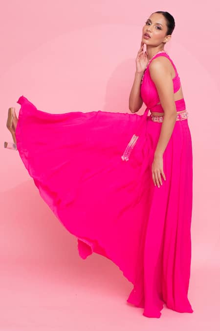 Anshika Tak Label Fuchsia Crepe Pearls, Cut Work V-neck Embroidered Tie-up Top And Palazzo Set Online at Aza Fashions Anshika Tak Label_Fuchsia Crepe Pearls, Cut Work V-neck Embroidered Tie-up Top And Palazzo Set_Online_at_Aza_Fashions