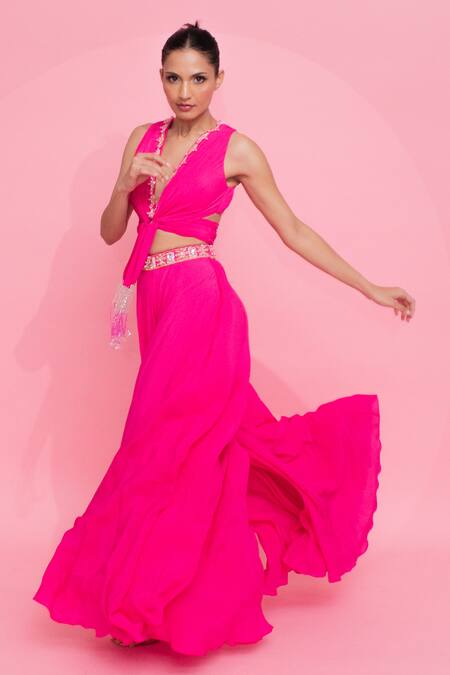 Buy Anshika Tak Label Fuchsia Crepe Pearls, Cut Work V-neck Embroidered Tie-up Top And Palazzo Set Online at Aza Fashions Buy_Anshika Tak Label_Fuchsia Crepe Pearls, Cut Work V-neck Embroidered Tie-up Top And Palazzo Set_Online_at_Aza_Fashions