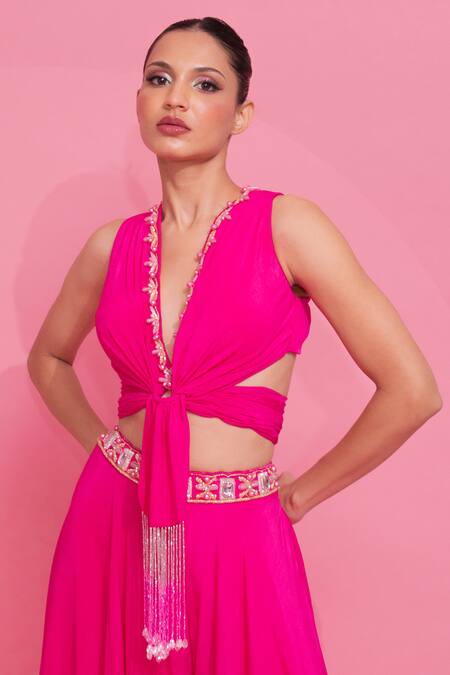 Shop Anshika Tak Label Fuchsia Crepe Pearls, Cut Work V-neck Embroidered Tie-up Top And Palazzo Set Online at Aza Fashions Shop_Anshika Tak Label_Fuchsia Crepe Pearls, Cut Work V-neck Embroidered Tie-up Top And Palazzo Set_Online_at_Aza_Fashions