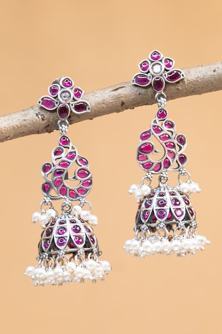 Mero Jewellery Temple Kempstone Peacock Shaped Jhumkas 