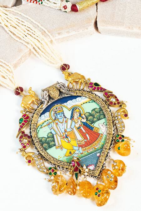 Shop Mero Jewellery Multi Color Hand Painted, Kundan, Stones, Beads Radha Krishna Pendant Necklace at Aza Fashions Shop_Mero Jewellery_Multi Color Hand Painted, Kundan, Stones, Beads Radha Krishna Pendant Necklace_at_Aza_Fashions