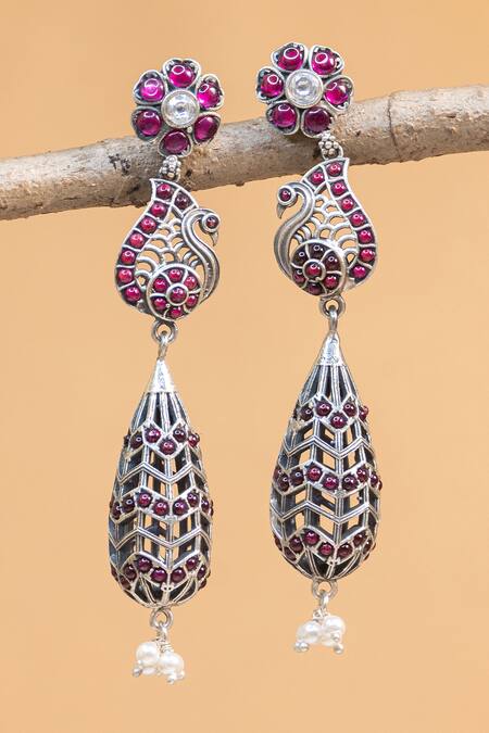 Shop Mero Jewellery Pink Pearls, Stones Peacock Kempstone Embellished Earrings at Aza Fashions Shop_Mero Jewellery_Pink Pearls, Stones Peacock Kempstone Embellished Earrings_at_Aza_Fashions