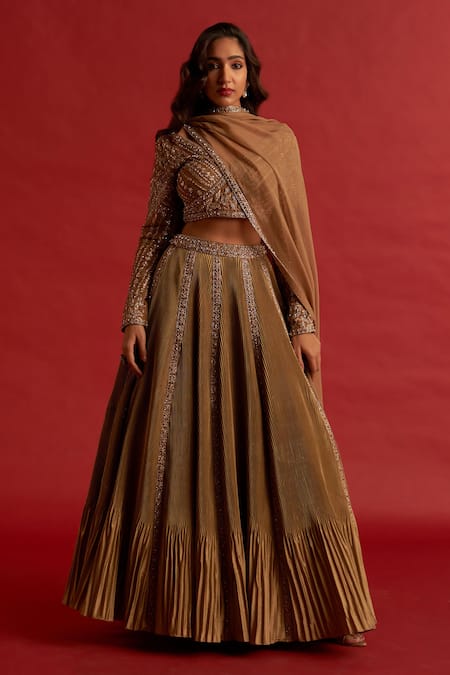 Buy_Reeti Arneja_Gold Silk, Organza Zari, Cut Work, Honeyed Pleated Embroidered Lehenga Set _Online_at_Aza_Fashions