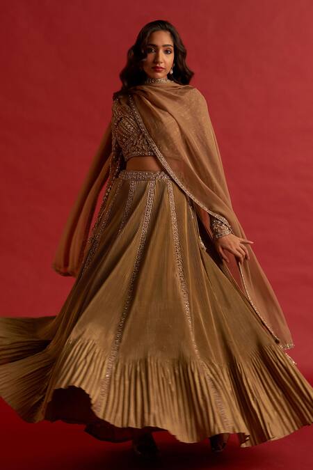 Buy_Reeti Arneja_Gold Silk, Organza Zari, Cut Work, Honeyed Pleated Embroidered Lehenga Set 