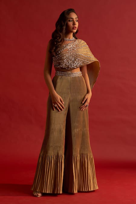 Buy Reeti Arneja Gold Tawny Pleated Embroidered Jumpsuit Online | Aza ...