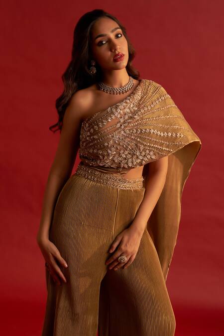 Buy Reeti Arneja Gold Silk, Taffeta Embroidery Asymmetric Tawny Pleated Jumpsuit Online at Aza Fashions Buy_Reeti Arneja_Gold Silk, Taffeta Embroidery Asymmetric Tawny Pleated Jumpsuit _Online_at_Aza_Fashions